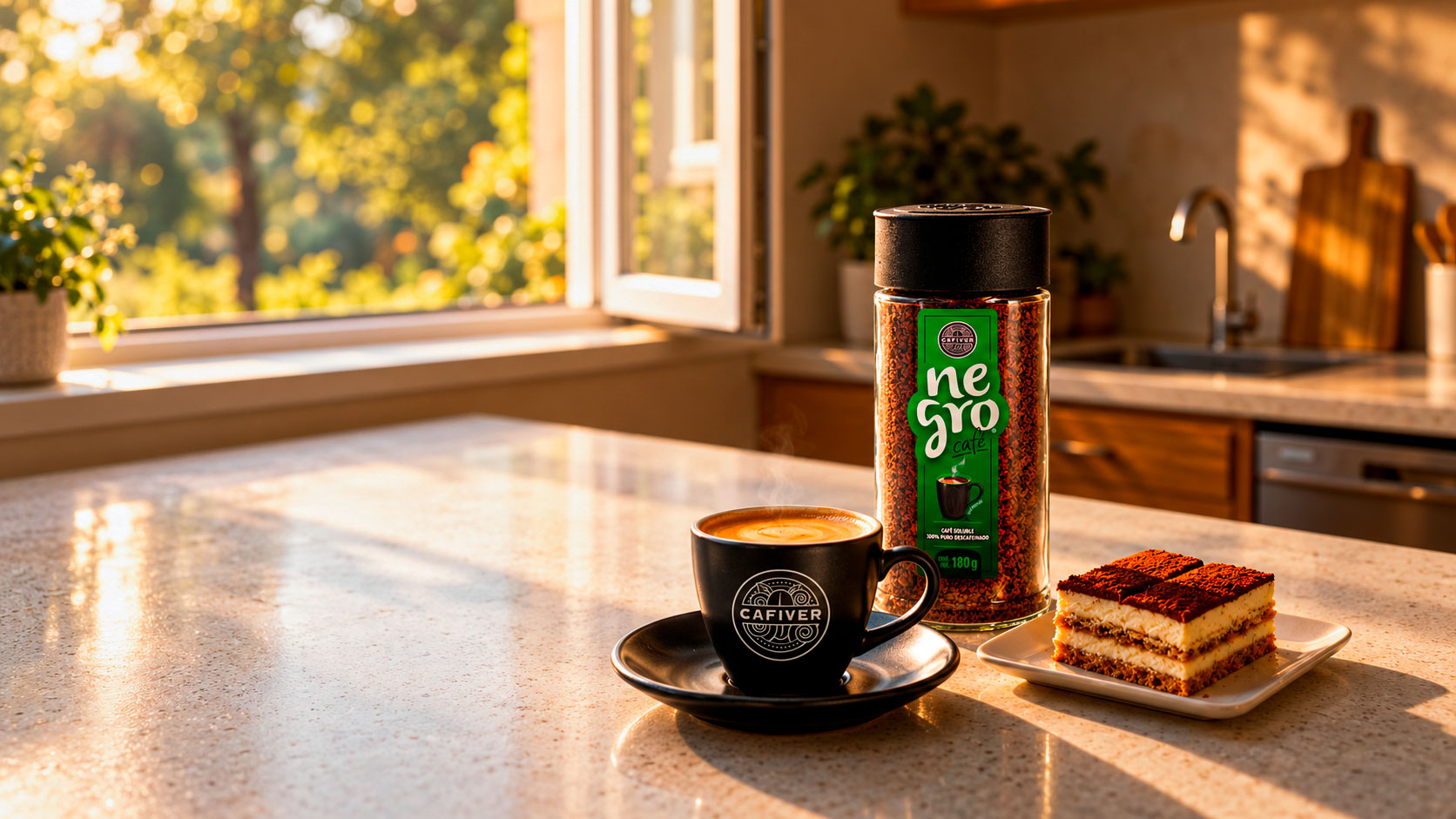 Taza CAFIVER con Negro Café y tiramisú en una cocina iluminada