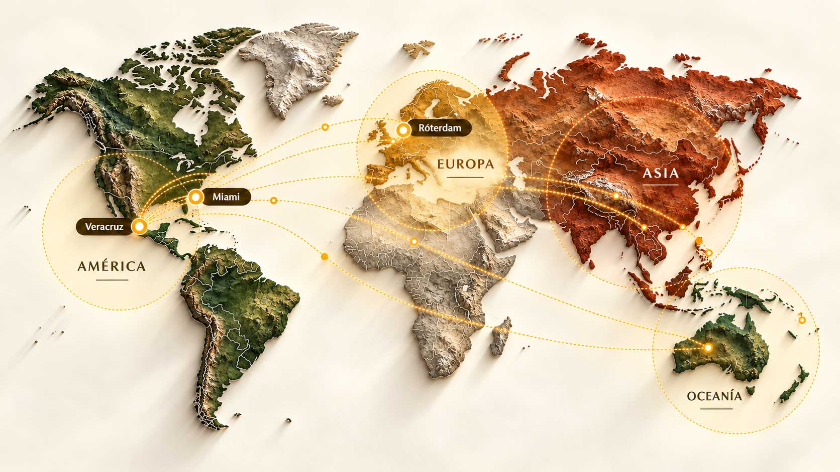 Mapa de los cuatro continentes a los que exporta CAFIVER: América, Europa, Asia y Oceanía