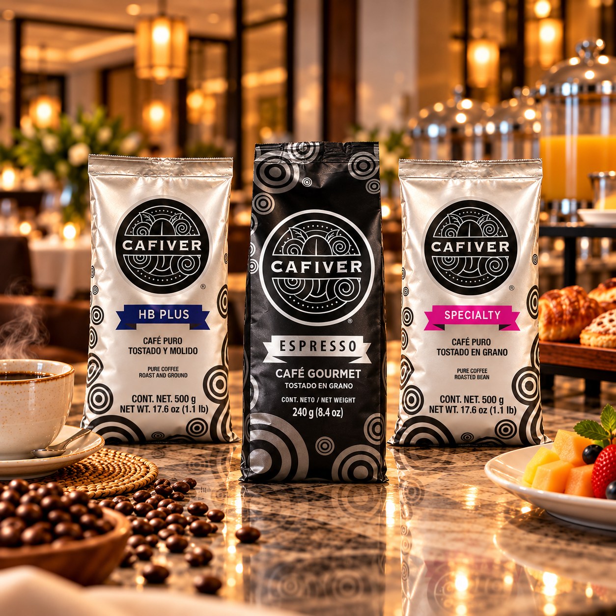 Café CAFIVER HB Plus, Espresso y Specialty sobre una mesa de buffet